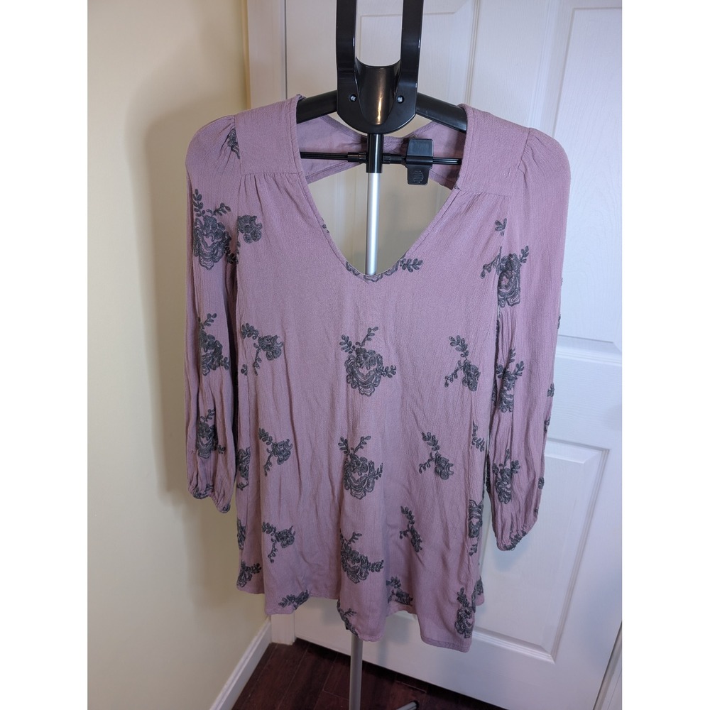Free People Emma Mini Tunic Dress Small Floral Embroidered V-Neck‎ Cutout Back
